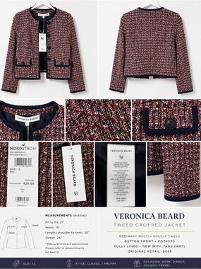 Veronica Beard Red & Navy Tweed Cropped Jacket